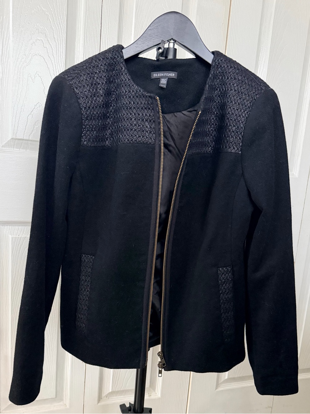 Eileen Fisher Wool Bomber Jacket Black Textured Yoke Zip XS